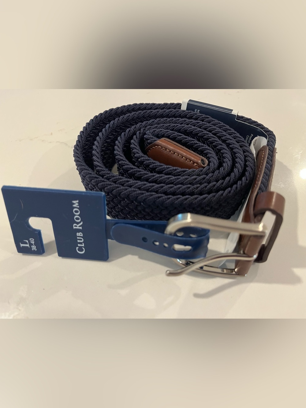 Club Room Navy Braided Belt with Brown Leather Detail 38-40 NWT ⛳️